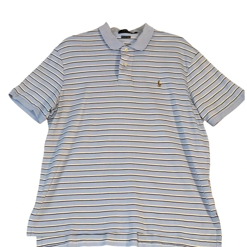 Men's L GOLF Polo Ralph Lauren Polo Shirt Pima Soft Blue Striped Flesh Pony NICE